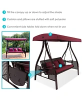 3-Person Patio Swing with Side Tables - Adjustable Tilt Canopy - 600 lb Capacity - Steel and Polyester - Merlot