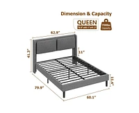 Queen Bed Frame with Usb Ports, Platform Bed Frame with Linen Fabric Adjustable Headboard