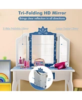 Princess Vanity Table and Chair Set with Tri-Folding Mirror and Snowflake Print