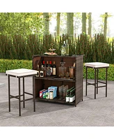 3 Pcs Patio Bar Set with Tempered Glass Tabletop