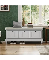 Classic Storage Bench with Cushioned Seat and Three Drawers for Entryway and Living Room (Light Gray)