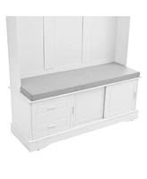 Space-Saving Hall Tree: Sliding Doors, Silvery Hooks, Mudroom Bench, Shoe Storage, Cushion