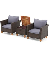 Gymax Set of 3 Rattan Bistro Furniture Set Wooden Table Top Cushioned Sofa Patio