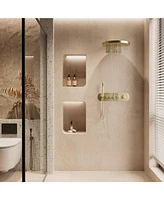 16-inch Thermostatic Shower System 2-Function Wall Mounted All-Copper Set with Rainfall & Waterfall Modes 59" Hose Ergonomic Handheld, Brushe