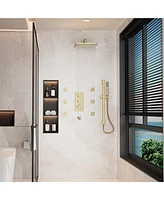12-Inch Luxury Thermostatic Shower System with Body Jets, Stainless Steel Square Rainfall Shower Head, and Handheld Spray, 6 Side Body Jets, Brushed G
