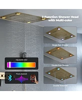 5-Function Luxury Thermostatic Shower System with Body Jets, Led Lights, Rainfall Head, and Handheld Spray, Brushed Gold