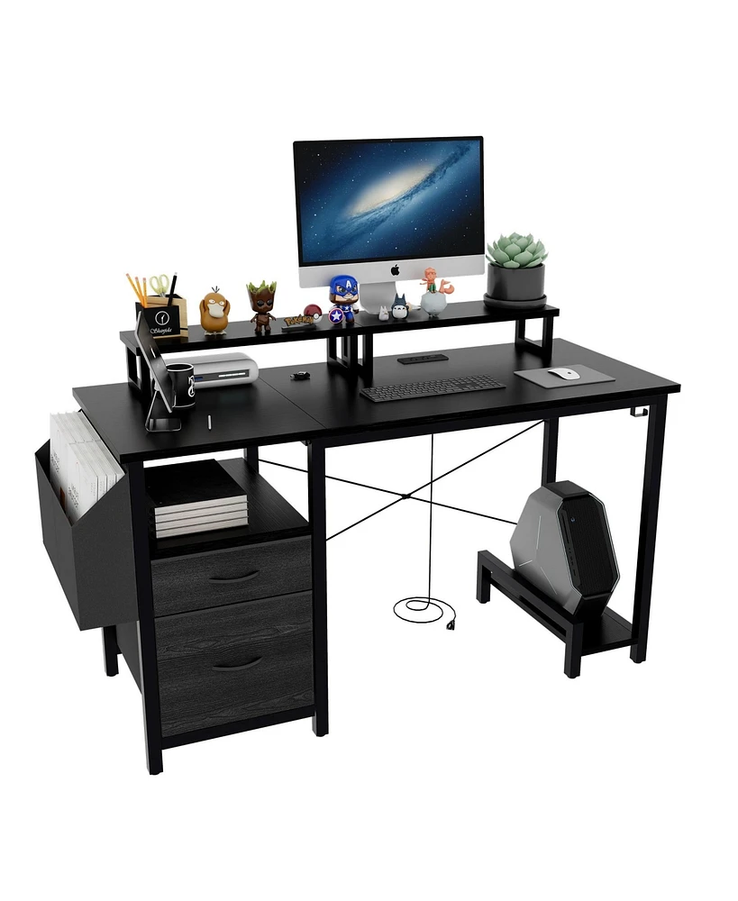 47" Computer Desk with power outlet, Monitor Stands,Shelves, Office Desk/Writing Table/Gaming desk With drawers, Large Side Pocket and Hooks, Easy to