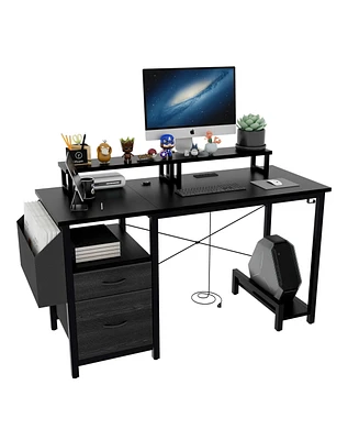 47" Computer Desk with power outlet, Monitor Stands,Shelves, Office Desk/Writing Table/Gaming desk With drawers, Large Side Pocket and Hooks, Easy to