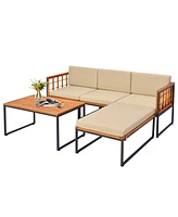 Gymax 5PCS Furniture Set Acacia Wood Sectional Set with Seat & Back Cushions Patio