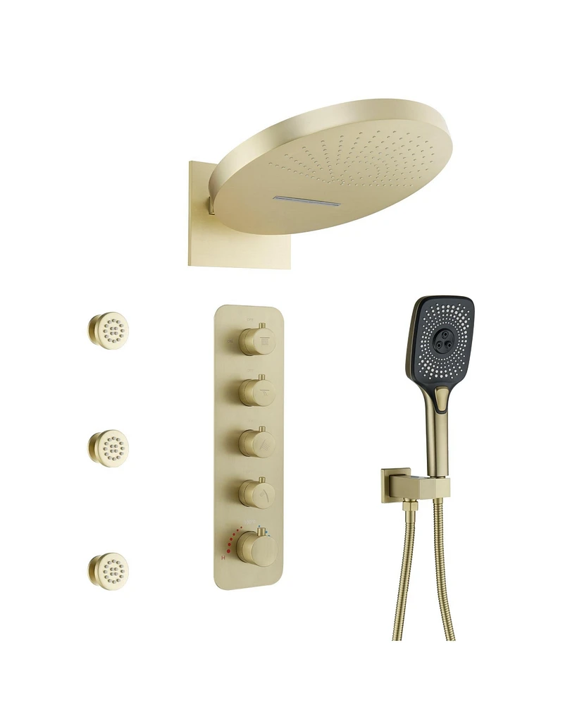 3-Function Wall Mounted 16" Thermostatic Shower System with Body Jets, 2-Mode Rainfall Showerhead, 3-Spray Handheld for Bathroom, Brushed Gold