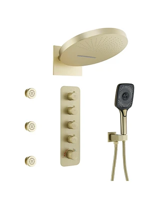 3-Function Wall Mounted 16" Thermostatic Shower System with Body Jets, 2-Mode Rainfall Showerhead, 3-Spray Handheld for Bathroom, Brushed Gold