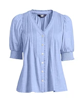 Lands' End Women's Plus Button Pintuck Puff Sleeve Top