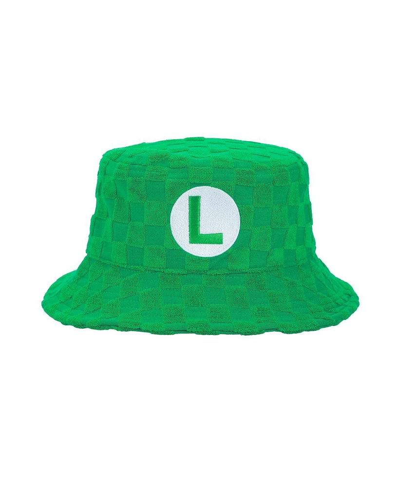 Super Mario Men's Bros Luigi Logo Green Checkered Bucket Hat