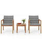 Gymax Pieces Outdoor Furniture Set Acacia Wood Frame Sofa Set w/ Rattan Seat