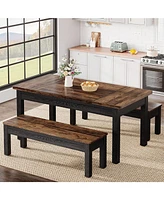 Tribesigns 55-Inch Large Dining Table Set for 4-6, 3 Pieces Wood Kitchen with 2 Benches, Rectangular Dinner Room Kitchen, R