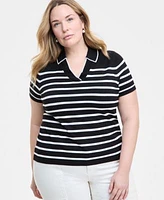 Liverpool Plus Size Short Sleeve Collared Sweater Stride High Rise Cropped Wide Leg Jeans