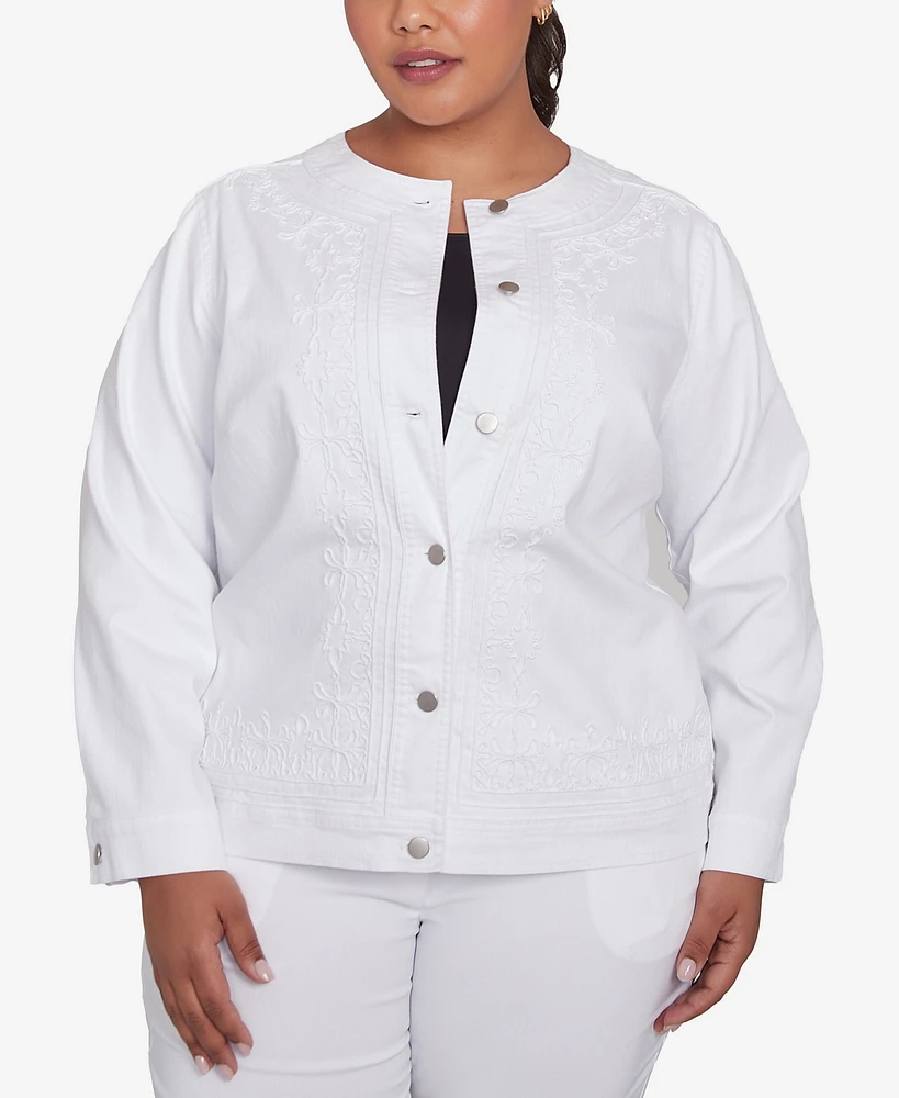 Ruby Rd. Plus Size White Stretch Denim Embroidered Jacket