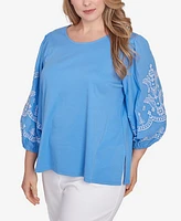 Ruby Rd. Plus Bella Blue Embroidered 3/4 Sleeve Top