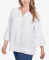 Ruby Rd. Plus Clip Dot Button Front Flared Sleeve Top