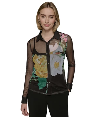 Karl Lagerfeld Paris Petite Sheer Floral Button-Up Shirt