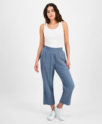 Dkny Jeans Petite Cotton High-Rise Smocked-Waist Pants