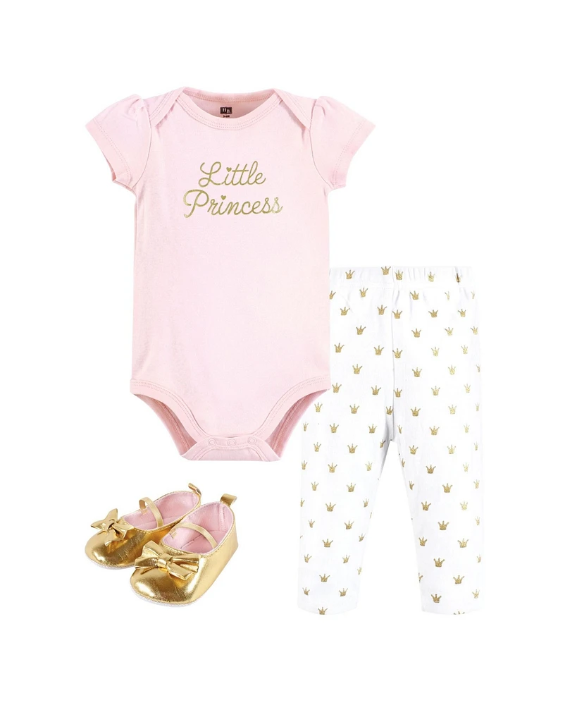 Hudson Baby Infant Girl Cotton Bodysuit, Pant and Shoe Set, Gold Little Princess, 9-12 Months