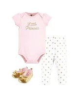 Hudson Baby Infant Girl Cotton Bodysuit, Pant and Shoe Set, Gold Little Princess, 9-12 Months