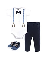 Hudson Baby Infant Boy Cotton Bodysuit, Pant and Shoe Set, Blue Anchor Suspender, 9-12 Months