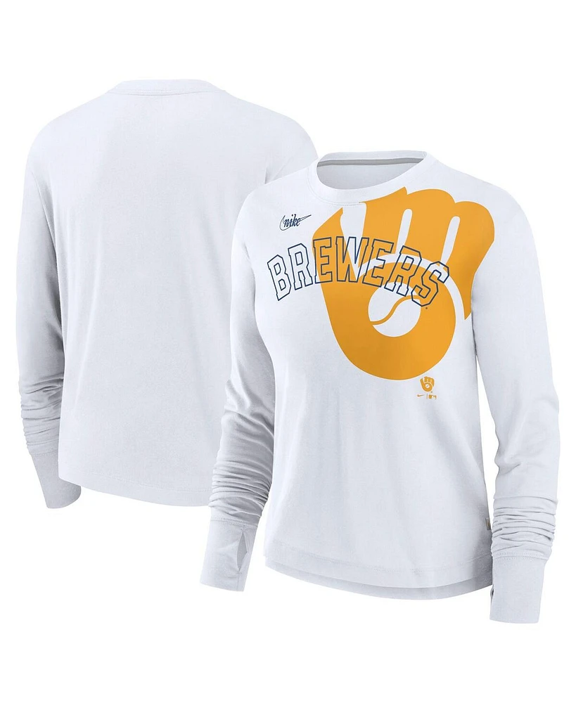 Nike Women's White Milwaukee Brewers Cooperstown Collection Long Sleeve Top