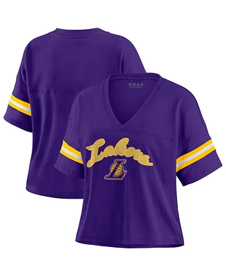 Wear by Erin Andrews Women's Purple Los Angeles Lakers Color Block Boxy V-Neck T-Shirt