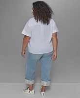 Karl Lagerfeld Paris Plus Size City Scene Poplin Short Sleeve Shirt Crystal Cuffed Jeans