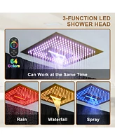 4-Function Led Shower System with Remote Ceiling Head Handheld Solid Brass Faucet Set Trim Kit, Matte Black