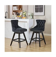 Swivel Velvet Counter Stools with Tufted Back, Nailhead Trim & Wooden Legs, Set of 2-The Pop Home