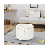 Round Velvet Tufted Ottoman, Upholstered Footrest with Button-Tufted Design & Studded Trim-The Pop Home