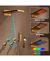 Led Luxury Shower System with Handheld Head Thermostatic Faucet Set Rain Head, Brushed Gold