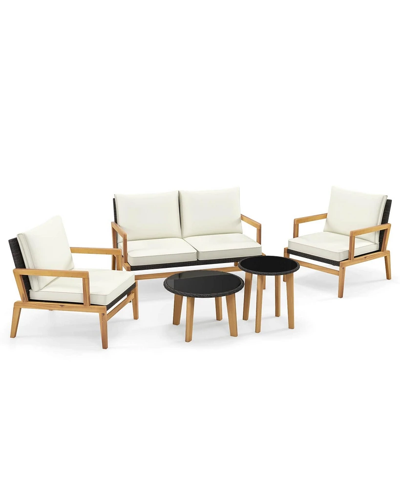 Gymax 5 Piece Rattan Furniture Set w/ Wicker Woven Sofa Set & Solid Acacia Wood Frame