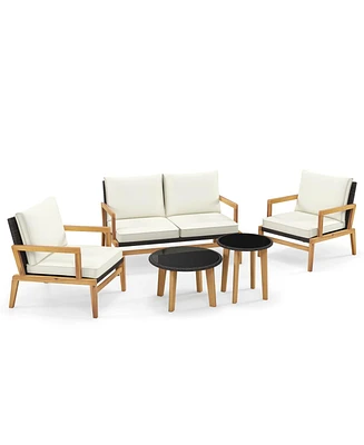 Gymax 5 Piece Rattan Furniture Set w/ Wicker Woven Sofa Set & Solid Acacia Wood Frame