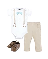 Hudson Baby Infant Boy Cotton Bodysuit, Pant and Shoe Set, Taupe Mint Suspender