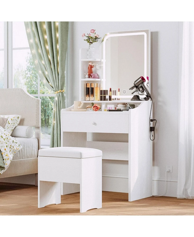 Small Makeup Vanity Desk with Mirror and Lights, Vanity Table Set with Storage Drawer, Chair and Three Shelves