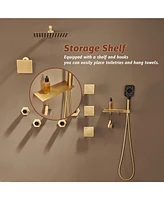 Luxury Thermostatic Shower System with Handheld Head Faucet Set Shelf and Hook Body Jets, Brushed