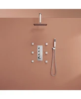 Brushed Nickel Celling Mount Thermostatic Rain Shower System with Handheld and Wall Body Jets 3 Functions Faucet