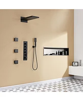 Black Luxury Temperature Thermostatic Shower System wtih Handheld Sprayer Wall Mount Rain Dual Shower Heads with 3 Body Jet
