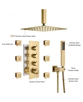 Brushed Gold Celling Mount Thermostatic Rain Shower System with Handheld and Wall Body Jets 3 Functions Faucet