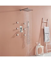 Brushed Nickel Wall Mount Thermostatic Rain Shower System with Handheld Side Body Jets and Digital Display