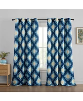 Hlc.me Liam Ogee Ikatt Damask Patterned Window Grommet Curtains Bedroom - Light Blocking Darkening Window Panels, Set of 2 (Navy Blue