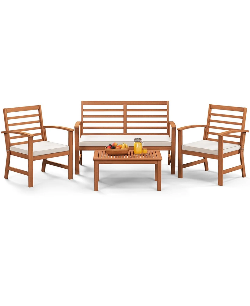 Gymax 4PCS Outdoor Furniture Set w/ Soft Seat Cushions Stable Acacia Wood Frame