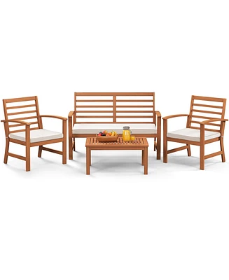 Gymax 4PCS Outdoor Furniture Set w/ Soft Seat Cushions Stable Acacia Wood Frame