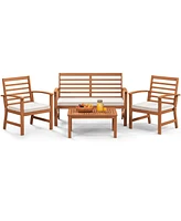 Gymax 4PCS Outdoor Furniture Set w/ Soft Seat Cushions Stable Acacia Wood Frame