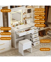 Makeup Vanity Set with Mirror and Lights , White Vanity Desk with 6 Drawers