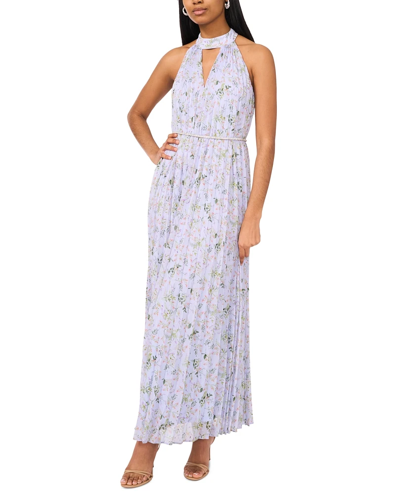 CeCe Women's Pleated Floral-Print Keyhole-Cutout Dress